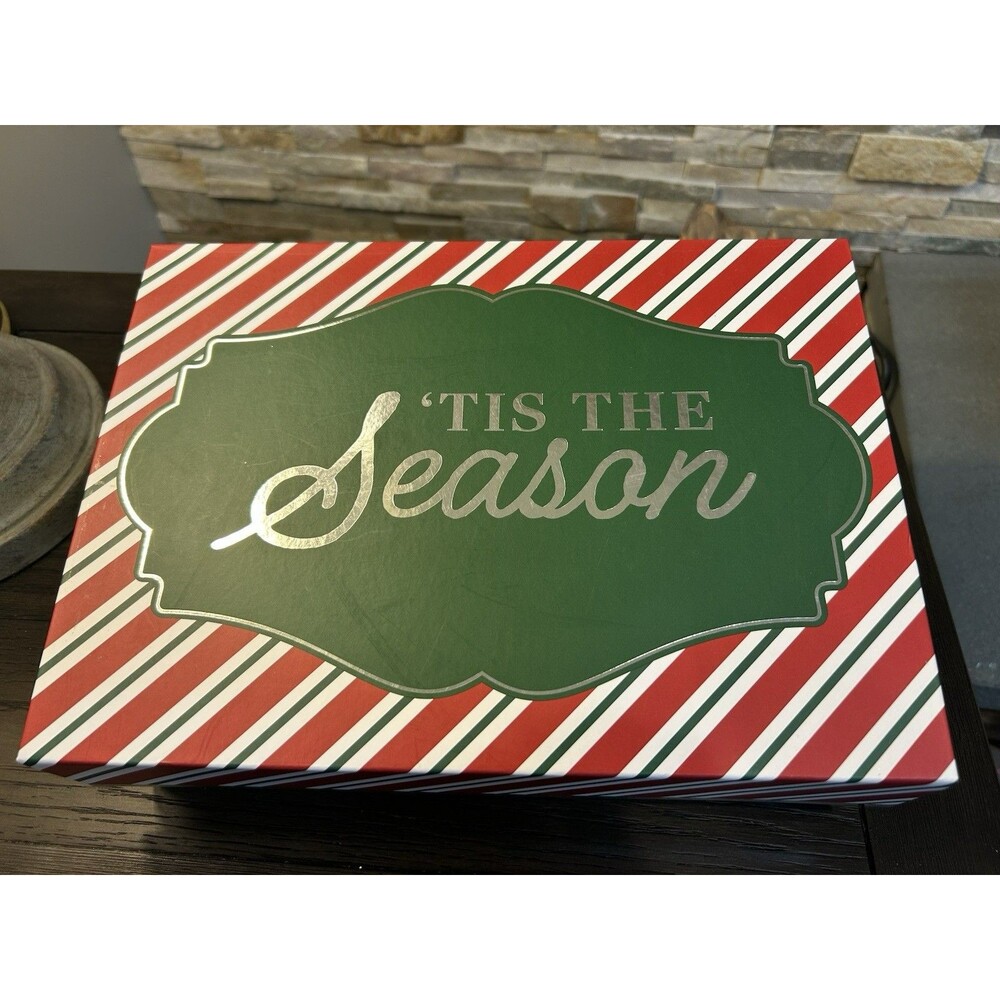 Ashland Christmas Rectangle Striped Gift Box Red Green White Cardboard 12x9x3.5